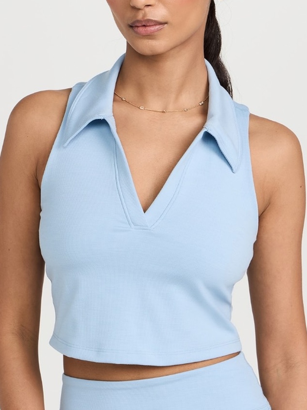 Beyond Yoga Light Blue Ribbed Collared V-Neck Crop Top